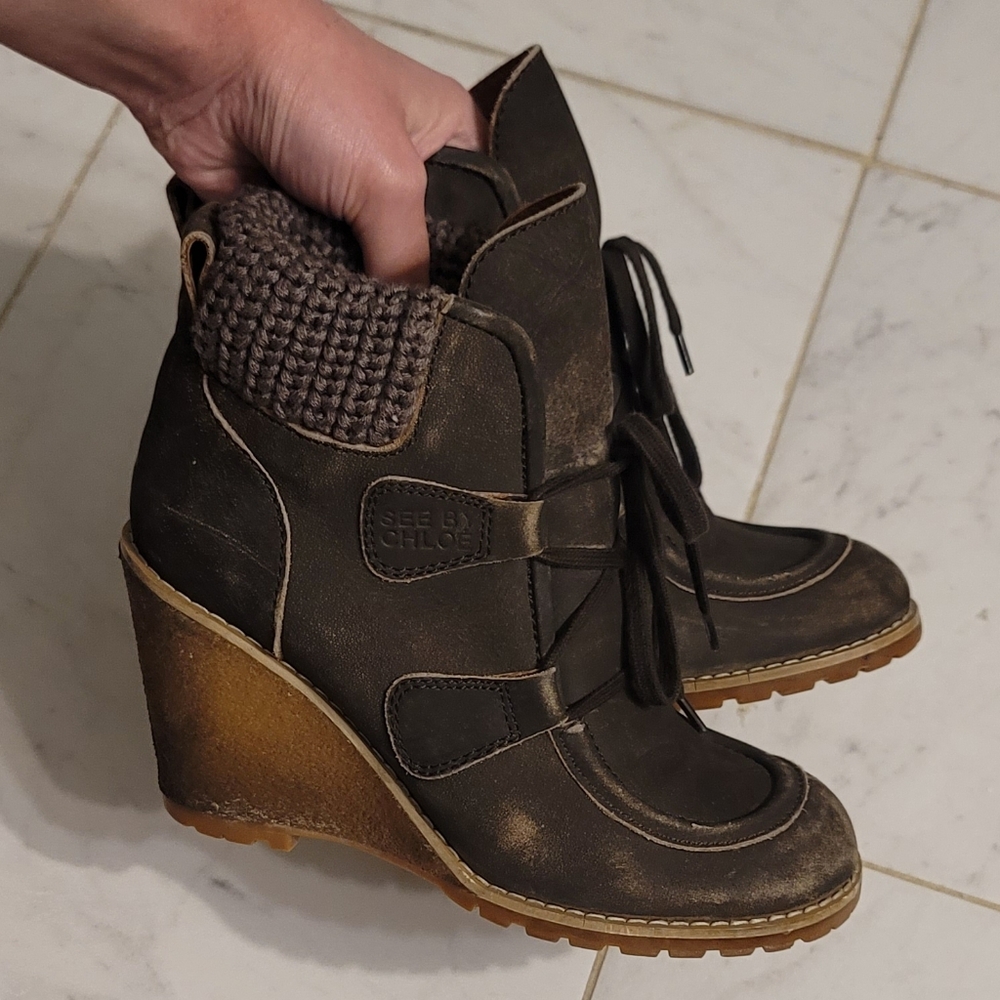 See By Chloe Wedge Ankle Bootie Sz 37